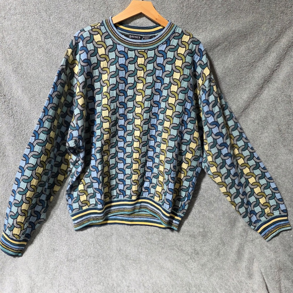 Vintage Barnes Storm Mens Large Blue Yellow Chain Link Knit Crewneck Sweater